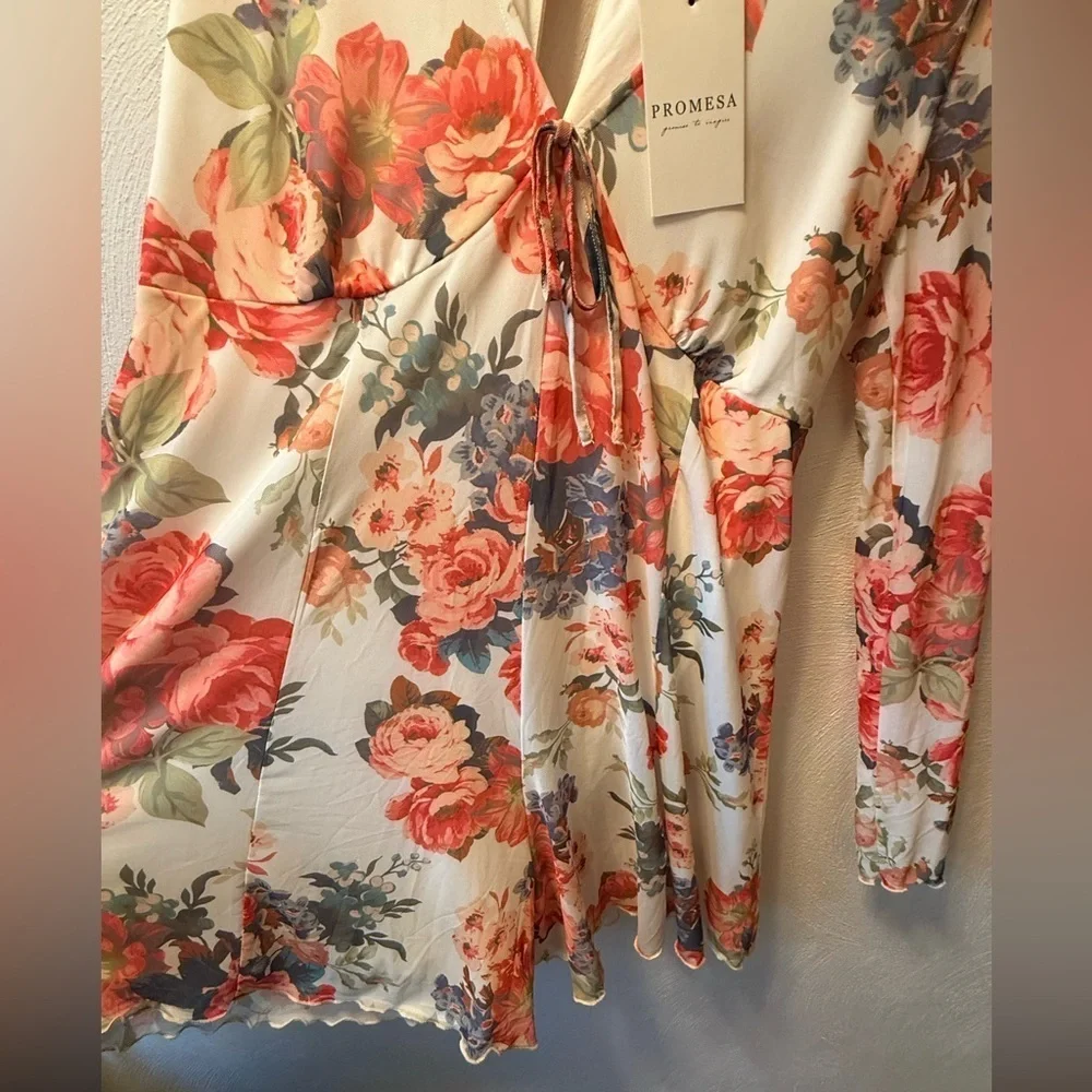 NWT Promesa Floral Long Sleeve Wide-Leg Romper Babydoll Dress Look SZ L NEW